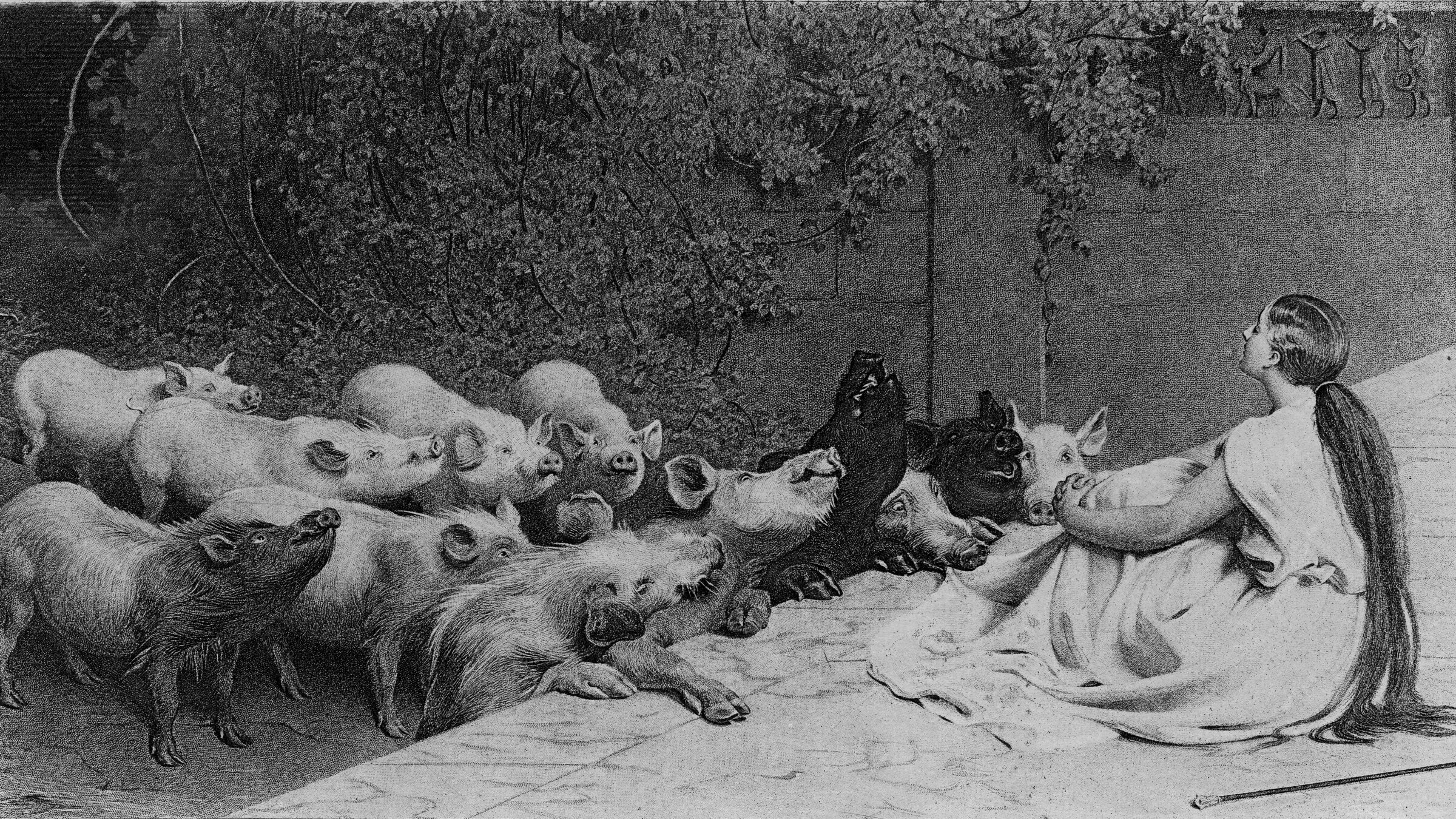 Circe sits before the Companies of Odysseus after having turned them into a herd of swine on the Island of Acaca.