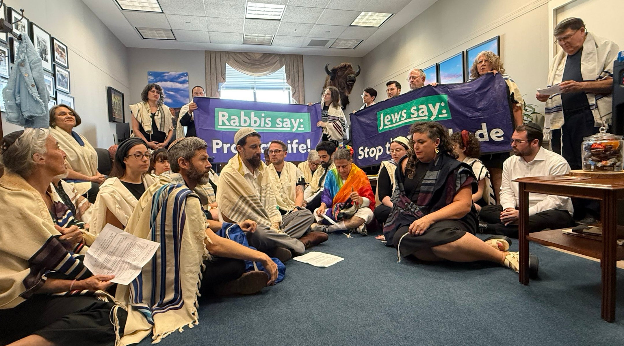 A group of rabbis staged a sit-in at the office of Senate Majority Leader John Thune, a South Dakota Republican, calling for aid in Gaza.