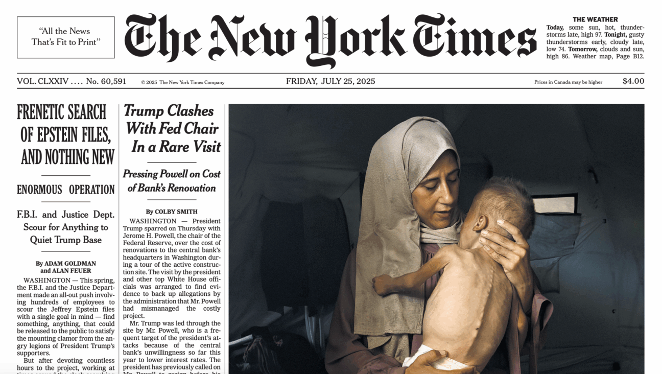 The cover image of the New York Times on Friday, July 25, showed a child the caption said had been born healthy before suffering malnutrition in Gaza.