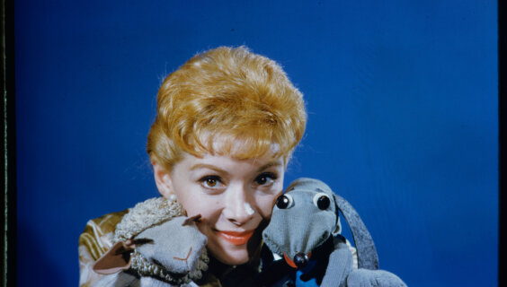 Shari Lewis with Lamb Chop and Hush Puppy.
