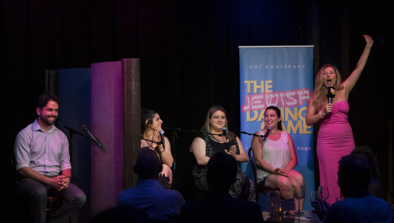 Sparks fly across the "mechitza" during Round Two. (From left to right: The Bachelor, Bachelorettes #1, #2 and #3, and host Linnea Sage.) 