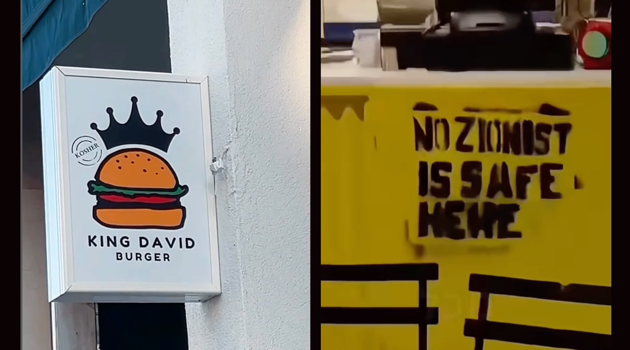King David Burger in Athens, Greece, was defaced by pro-Palestinian vandals on July 12, 2025, its owner said. (Screenshots from King David Burger social media)