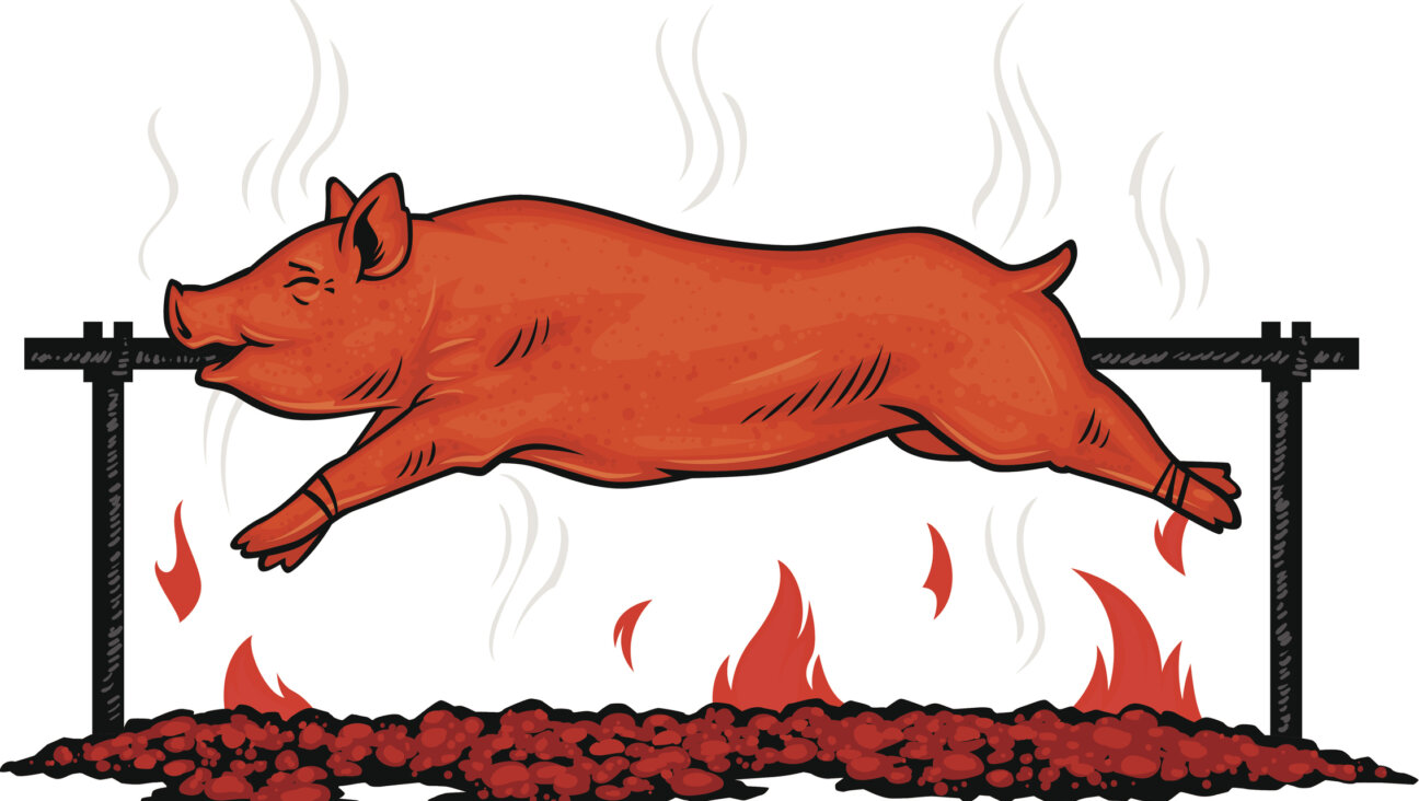 A pig roasting over a fire. 