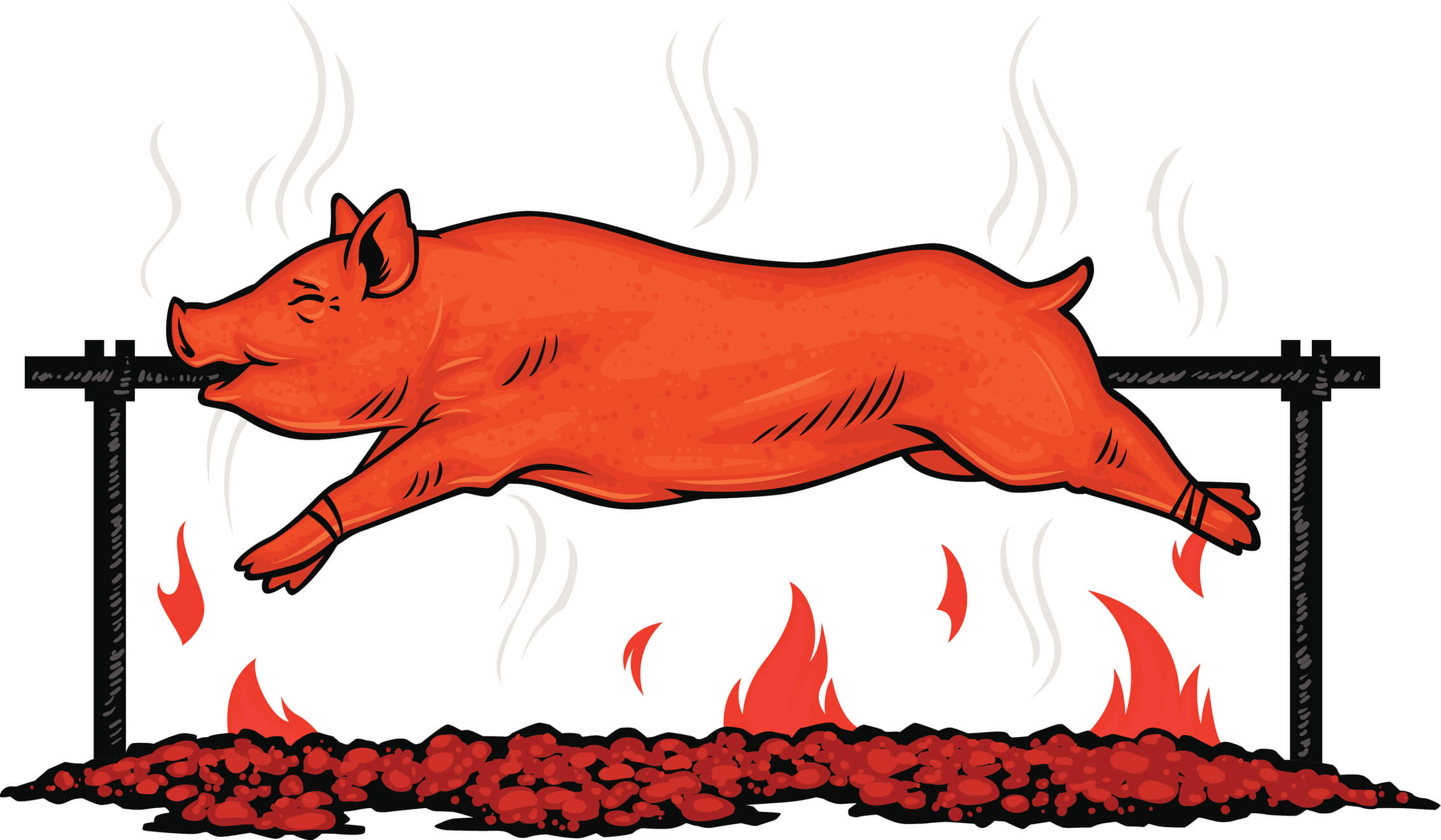 A pig roasting over a fire. 