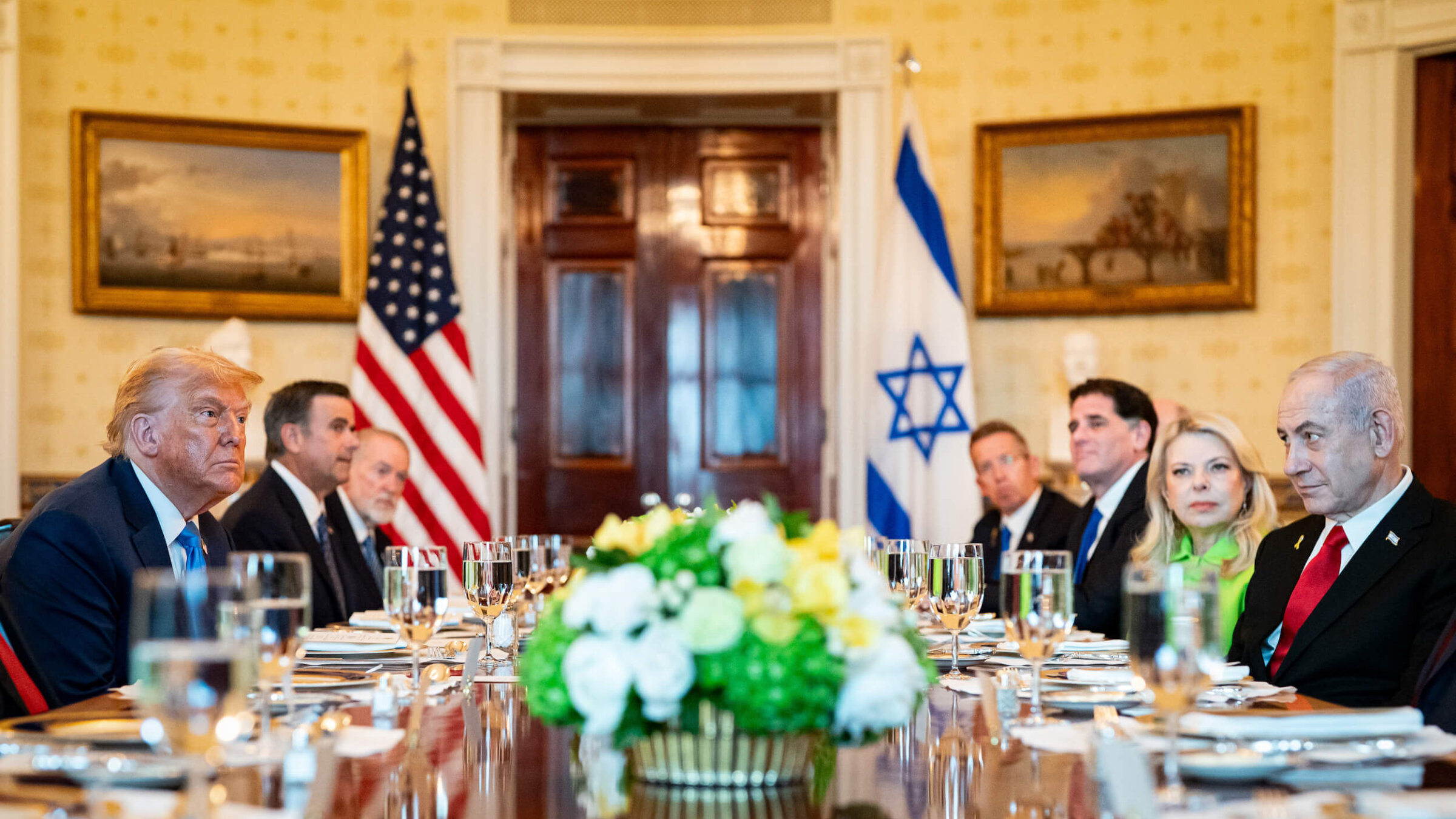 President Donald Trump and Israeli Prime Minister Benjamin Netanyahu during a dinner in the Blue Room of the White House in Washington, D.C., on July 7. 