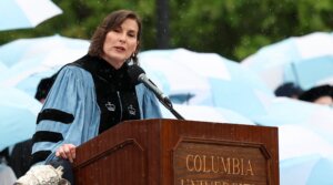Columbia University Acting President Claire Shipman speaks during the Commencement Ceremony at Columbia University in New York on May 21, 2025, (Jeenah Moon / POOL / AFP)
