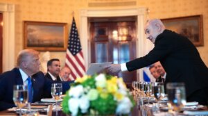 President Donald Trump host Israeli Prime Minister Benjamin Netanyahu for a dinner in the Blue Room of the White House on July 7, 2025, in Washington, DC. (Andrew Harnik/Getty Images)