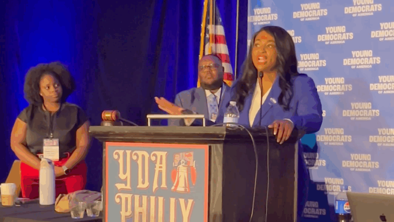 Fatima Heyward, the newly elected president of the Young Democrats of America, speaking at the organization’s convention in Philadelphia last week. (Screenshot)