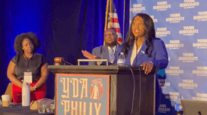 Fatima Heyward, the newly elected president of the Young Democrats of America, speaking at the organization’s convention in Philadelphia last week. (Screenshot)
