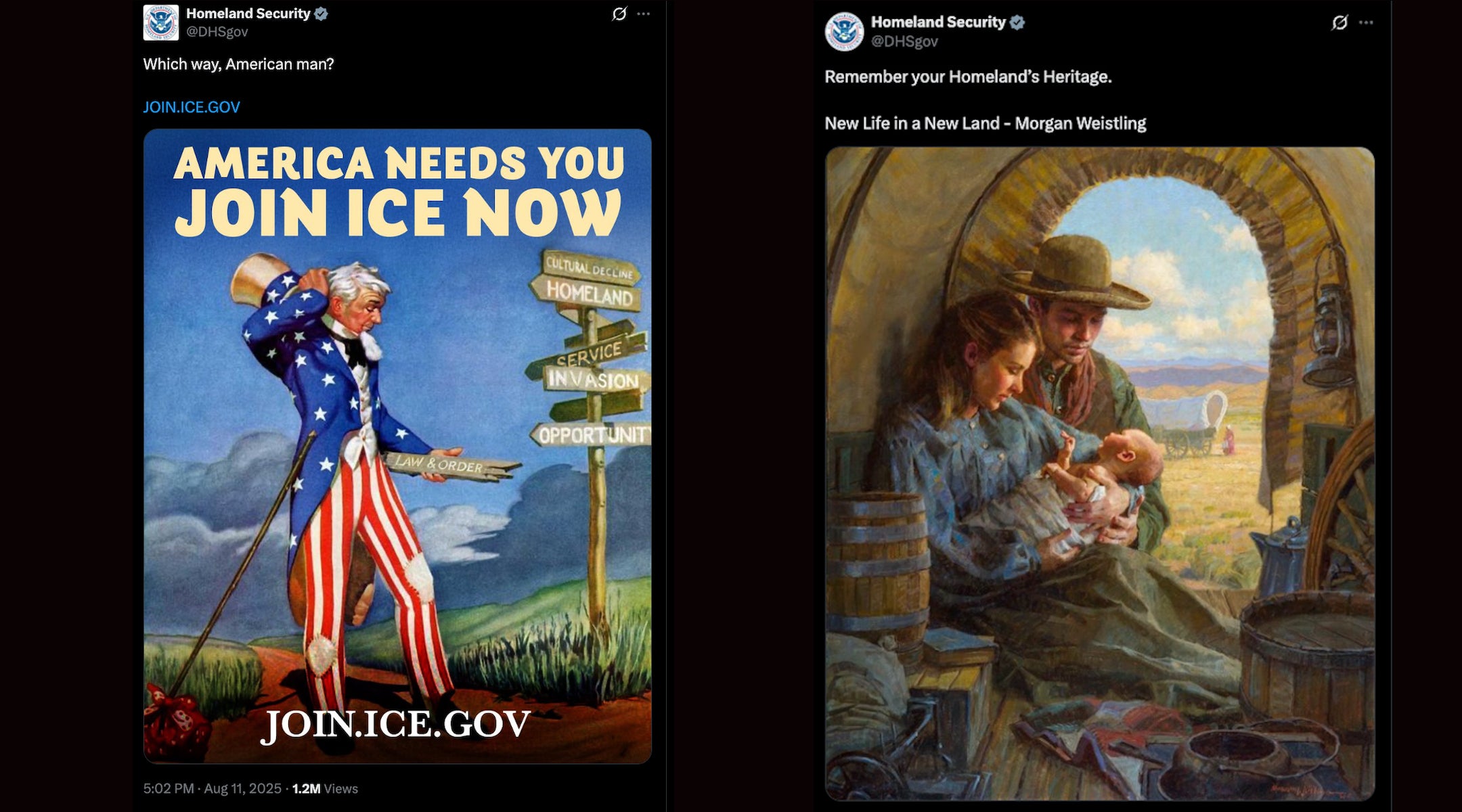 Two social media posts from the Department of Homeland Security appear to reference what some are calling neo-Nazi tropes (l-r): a reference to the antisemitic book “Which Way, Western Man?” and the use of a double-capitalized “HH” that is common online shorthand for “Heil Hitler.” Both posts include nostalgic imagery.