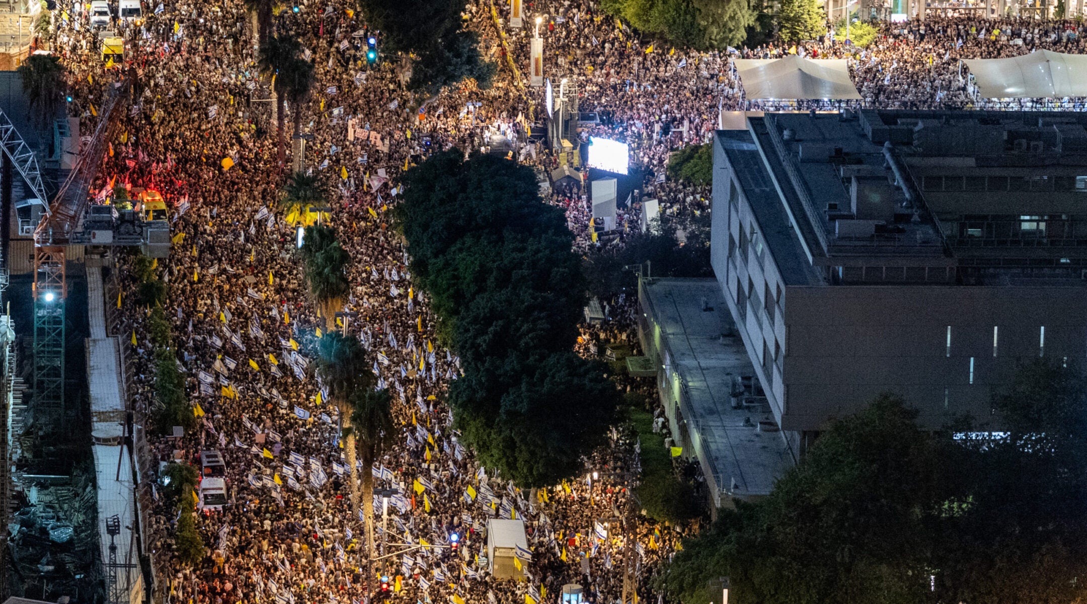 People gather at Hostage Square in Tel Aviv during a rally calling for the release of hostages held in Gaza, Aug. 17, 2025.