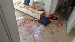 Blood splatters on the floor of a family’s home in Nahal Oz in the immediate aftermath of the Hamas attacks on Oct. 7, when some 75 people in the southern Israeli community were killed.