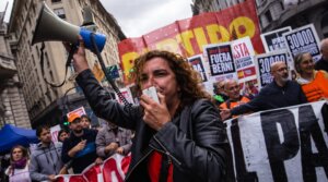 Vanina Biasi, national leader of the Partido Obrero, commemorates the National Day of Memory for Truth and Justice in downtown Buenos Aires, March 24, 2022.