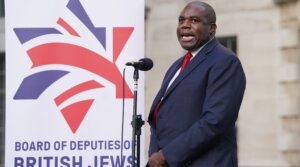 The then-British Shadow Foreign Secretary David Lammy speaking during a vigil outside Downing Street, central London, for victims and hostages of Hamas’ attack on Israel, organized by The Board of Deputies of British Jews, Oct. 9, 2023.