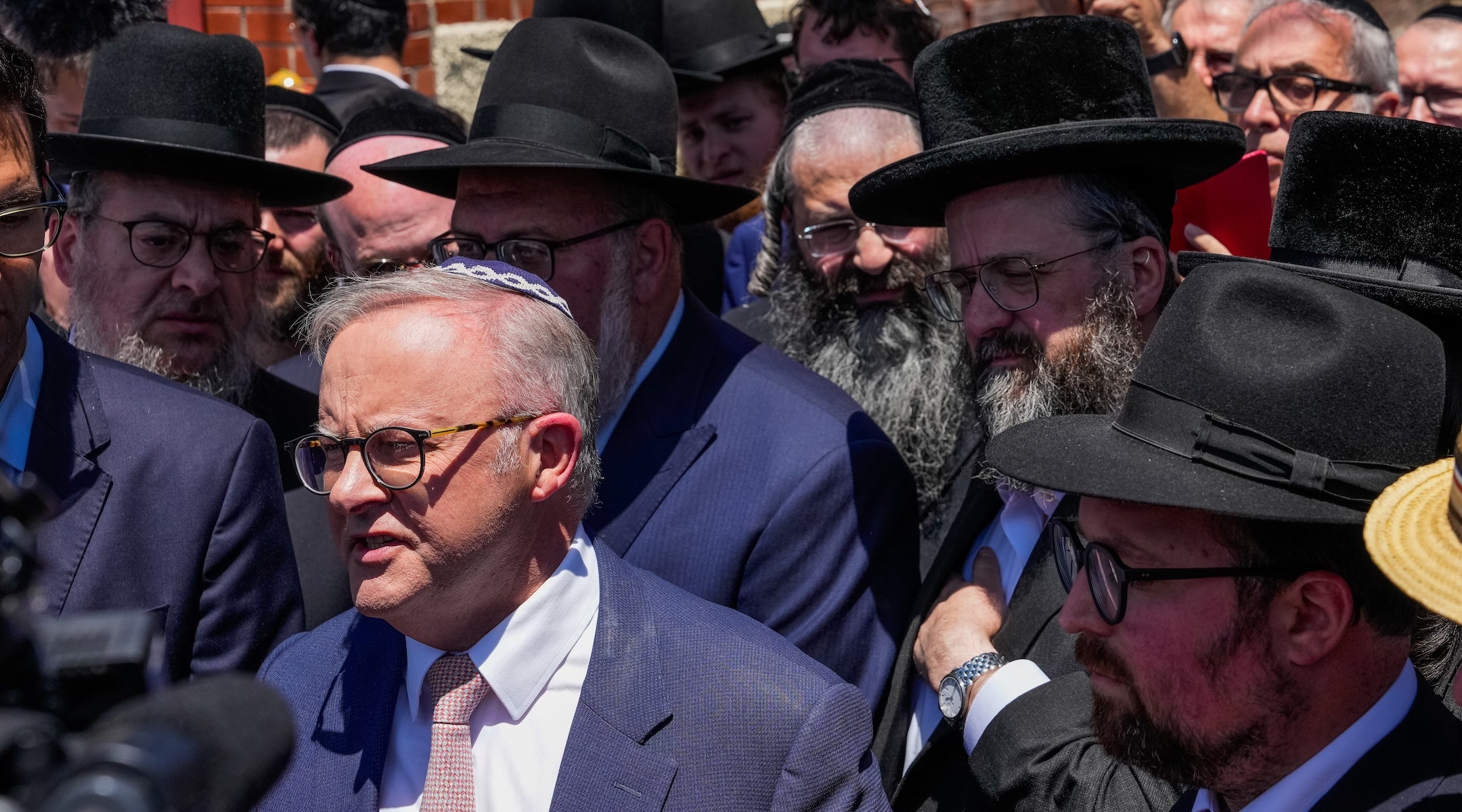 Australian Prime Minister Anthony Albanese speaks to the media after he visited the damaged Adass Israel Synagogue in Melbourne, Australia, Dec. 10, 2024. An arson attack on the Adass Israel Synagogue in Melbourne forced congregants to flee as flames engulfed the building. Albanese condemned the incident as an antisemitic act, emphasizing that such violence at a place of worship is unacceptable in Australia and labelling the event an act of terrorism.