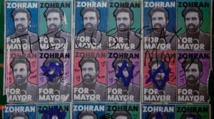 Graffiti, including Stars of David, is seen on posters of Zohran Mamdani, Democratic candidate for mayor of New York, on July 22, 2025 in New York.