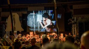 An image of Evyatar David from a video released by Hamas is shown at a rally in Tel Aviv, Aug. 2, 2025. 