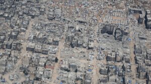 An aerial view of Gaza City as efforts to drop humanitarian aid supplies through parachute by military cargo planes into the city continued on Aug. 6, 2025. 