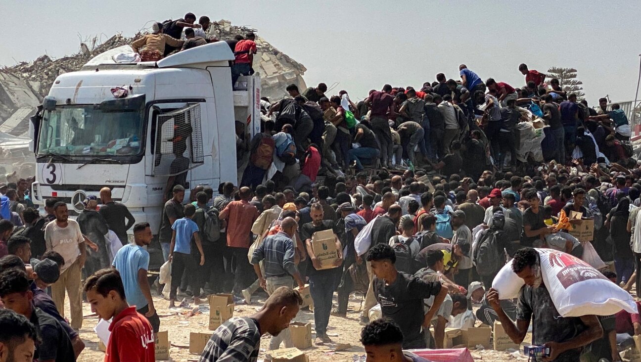 Displaced Palestinians carry food parcels as they raid trucks carrying humanitarian aid in Khan Yunis, in the southern Gaza Strip on August 9, 2025.