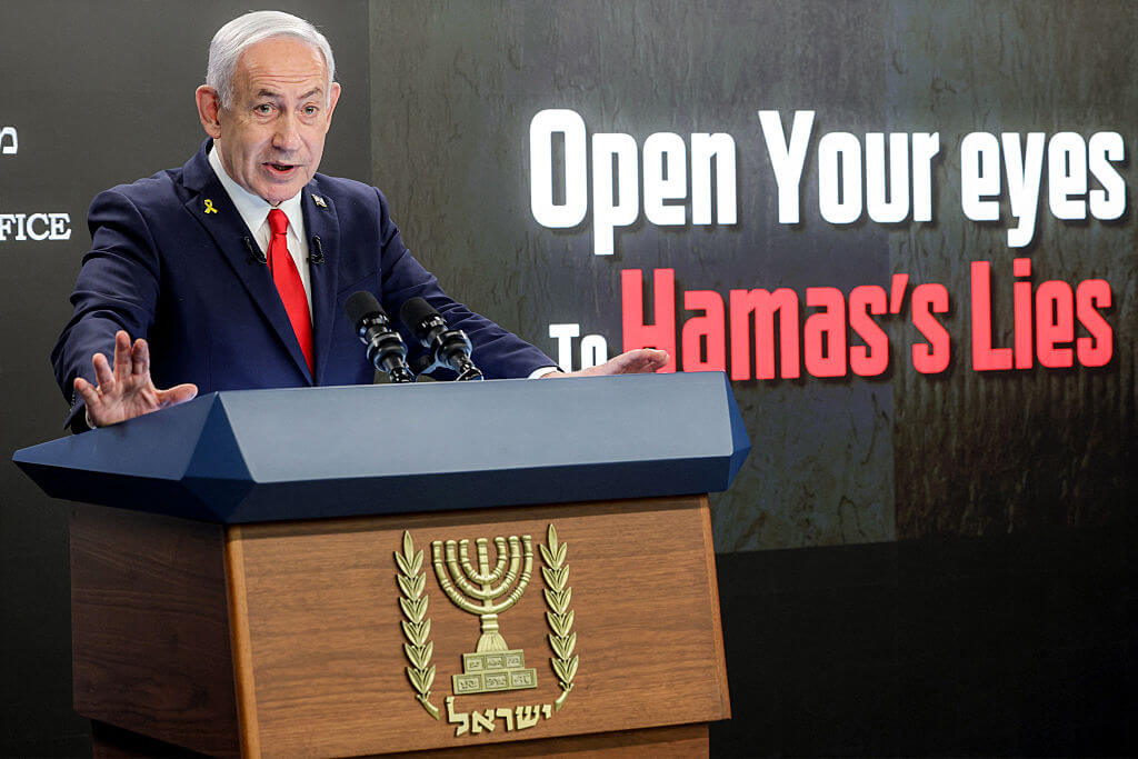 Prime Minister Benjamin Netanyahu speaks to reporters at his office in Jerusalem on August 10, 2025.