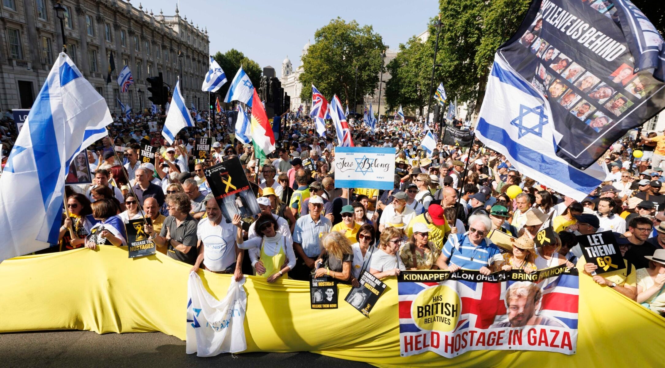 People take part in a National March for the Hostages outside Downing Street on Aug 10, 2025 in London.