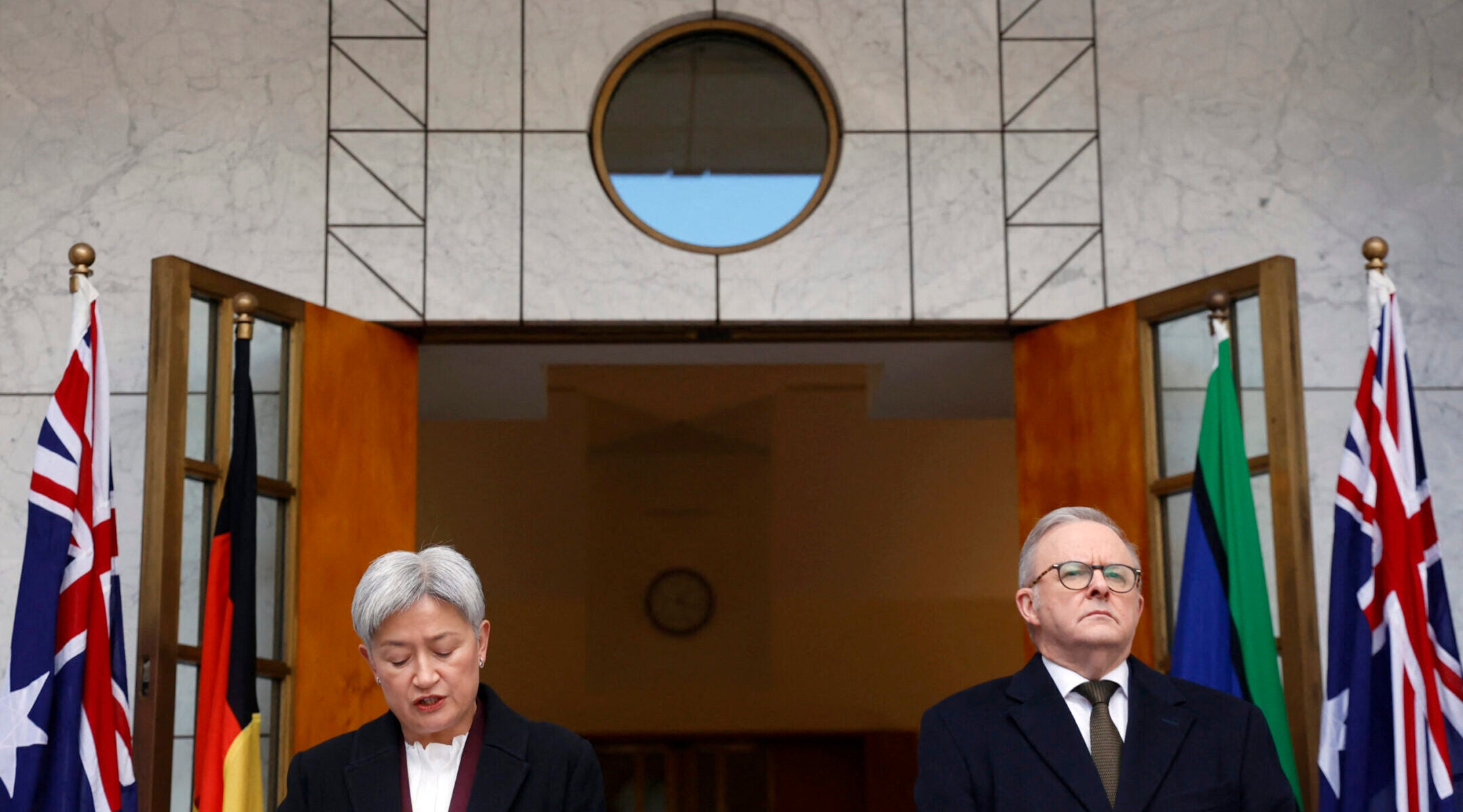 Australia’s Foreign Minister Penny Wong speaks next to Prime Minister Anthony Albanese during a press conference to announce Australia’s recognition of a Palestinian state, in Canberra, Aug. 11, 2025.