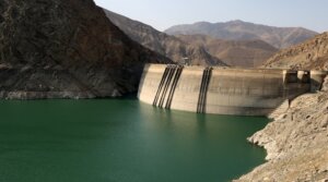 A view of Amir Kabir Dam, one of the five main reservoirs supplying water to Tehran, as the Iranian capital faces one of its most severe water crises in recent years, with dam levels dropping to historic lows on July 29, 2025.