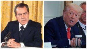 (L to R) Former President Richard Nixon on Oct. 3, 1972 and President Donald Trump on May 22. 