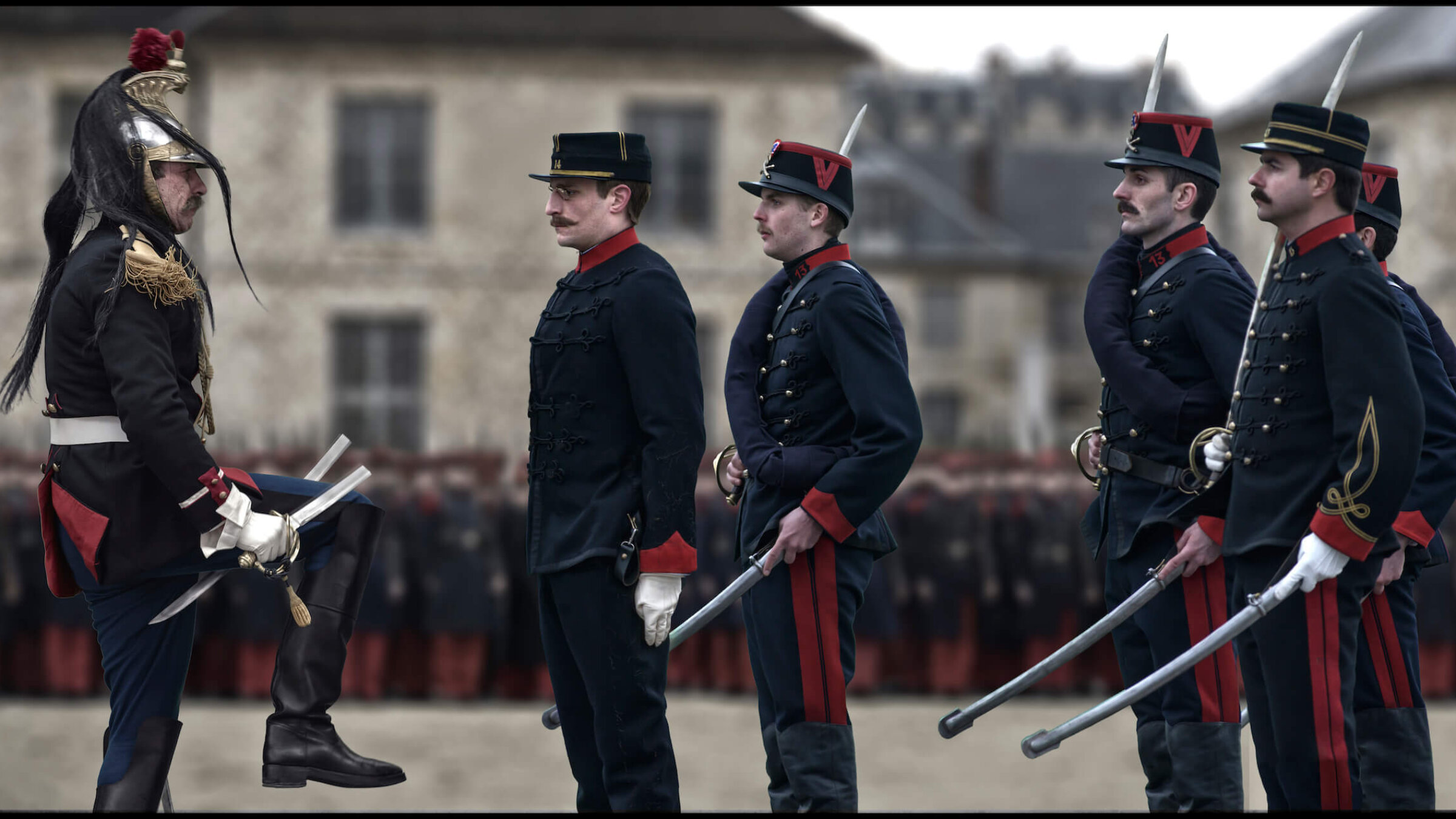 Alfred Dreyfus (Louis Garrel, second from left) undergoes the punishment of being degraded in Roman Polanski's "An Officer and a Spy."