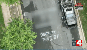 The St. Louis news station First Alert 4 took drone footage showing “Death to the IDF” graffiti outside a home where three cars were burned on Aug. 5, 2025. 