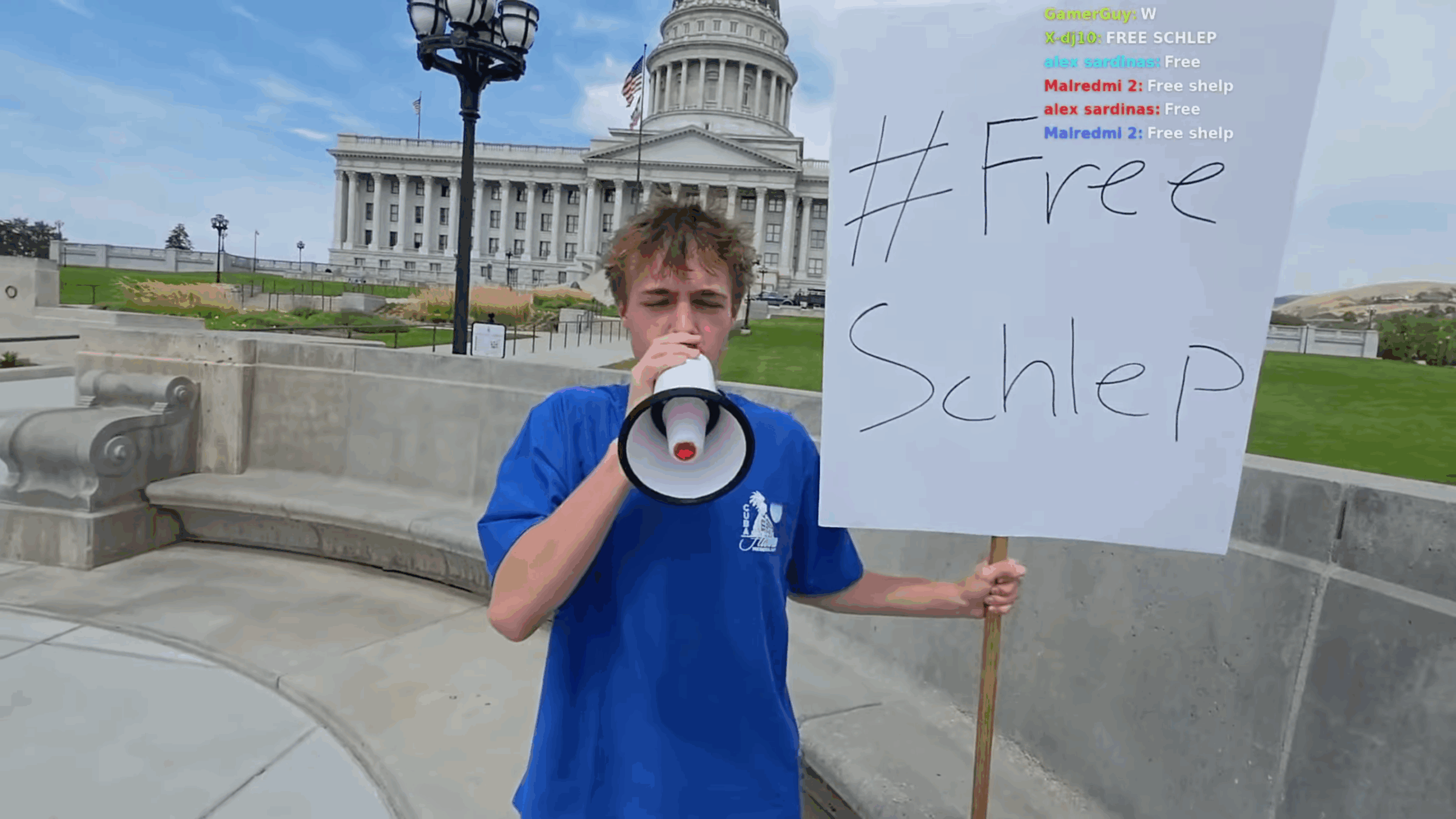 Streamers in Utah held a #FreeSchlep protest in front of the state capitol on behalf of a banned Roblox user by that name, Aug. 15, 2025. 