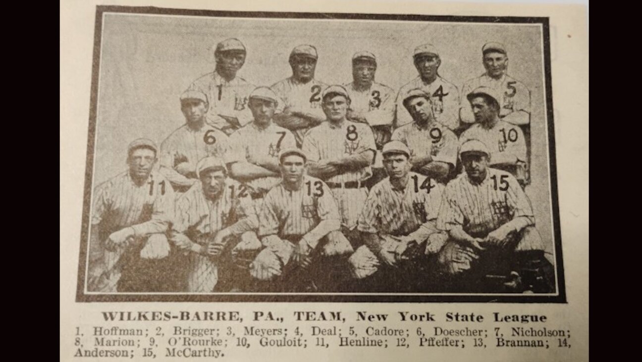 Monte Pfeiffer is No. 12, second from left on the bottom row in a photograph of the Wilkes-Barre (Pennsylvania) Coal Barons. The Jewish shortstop had a breakthrough year for the minor league team in 1913. 