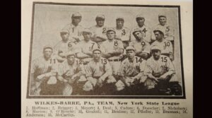 Monte Pfeiffer is No. 12, second from left on the bottom row in a photograph of the Wilkes-Barre (Pennsylvania) Coal Barons. The Jewish shortstop had a breakthrough year for the minor league team in 1913. 