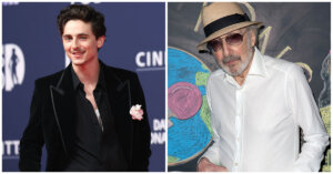 Timothée Chalamet, left, and Marty Reisman, the real life ping-pong champion who inspired the <i>Marty Supreme</i> movie.