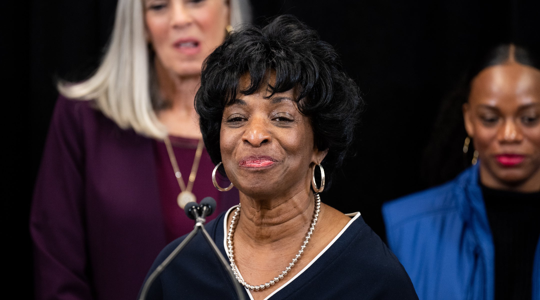 Rep. Valerie Foushee, a North Carolina Democrat, speaks at a news conference with freshman women of the 118th Congress at the House Democrats 2023 Issues Conference in Baltimore, Maryland, on March 2, 2023. 