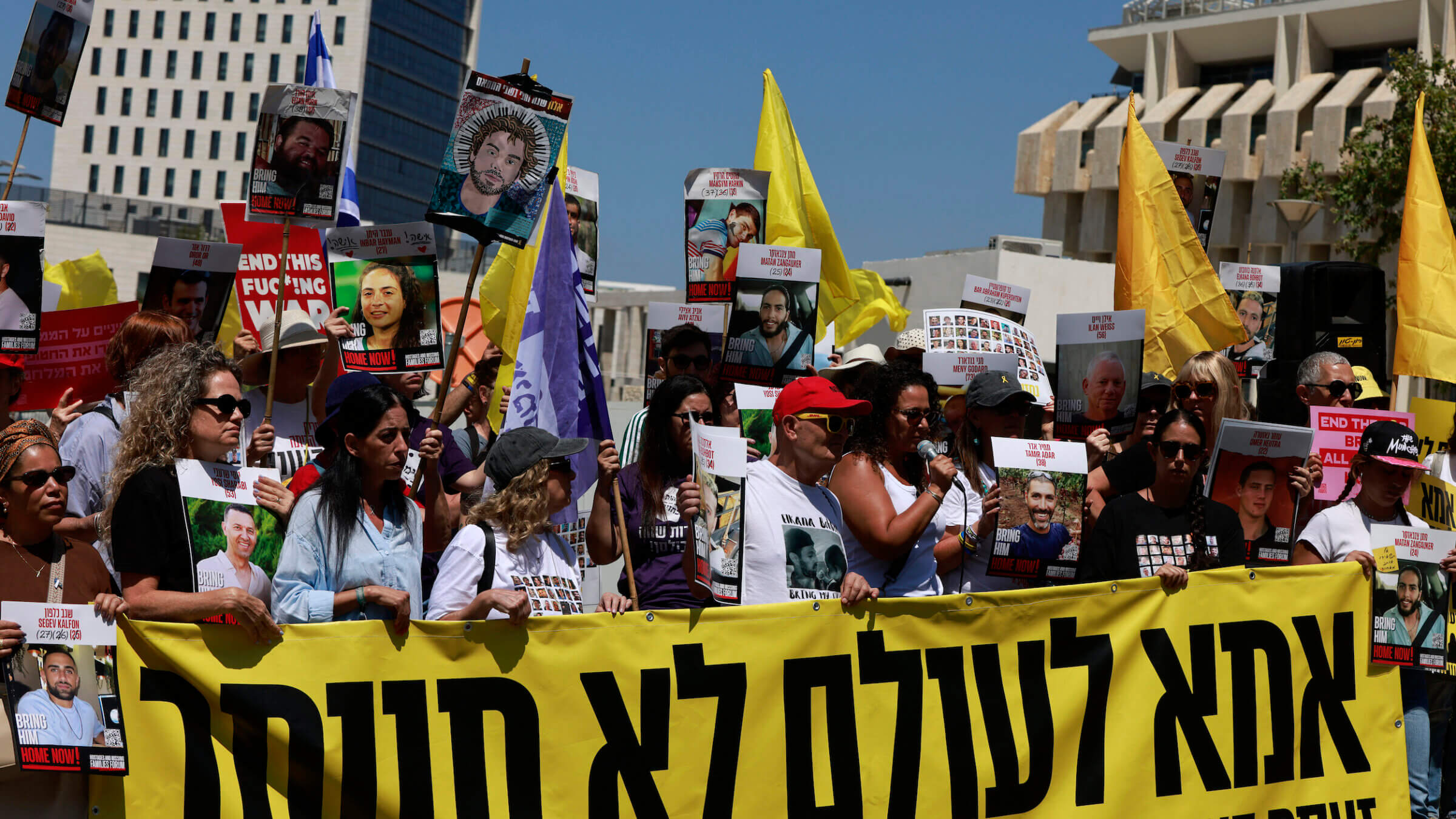 Families and supporters of Israelis held hostage in Gaza since October 2023 hold a protest calling for action to secure their release outside the prime minister's office in Jerusalem on July 31.