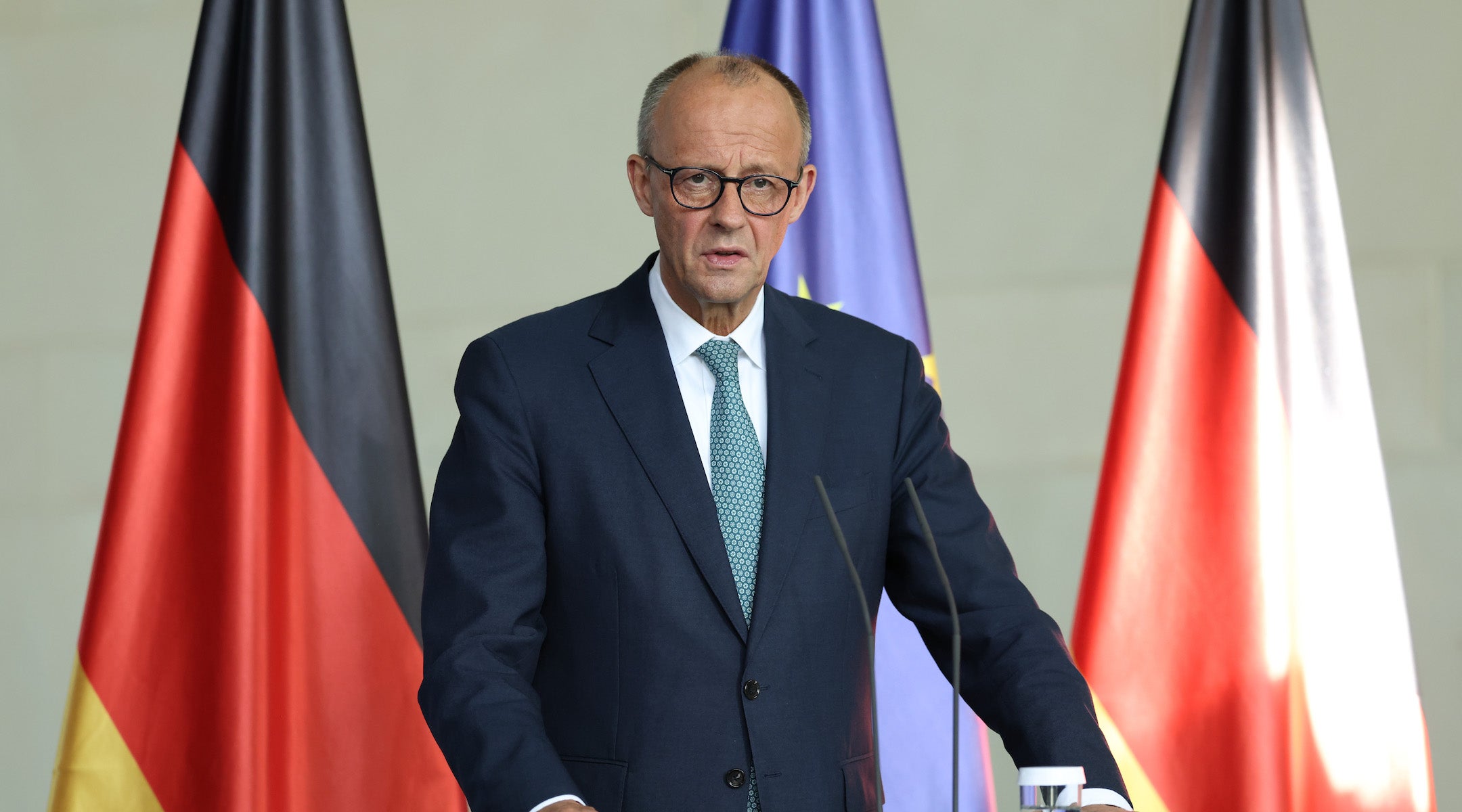 German Chancellor Friedrich Merz speaks to the media following a meeting of the federal security cabinet over the situation in Gaza on July 28, 2025 in Berlin, Germany.