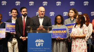 UFT President Michael Mulgrew speaks alongside New York Mayoral Candidate Zohran Mamdani during a press conference announcing UFT’s endorsement of Mamdani at the UFT headquarters on July 9, 2025 in New York City.