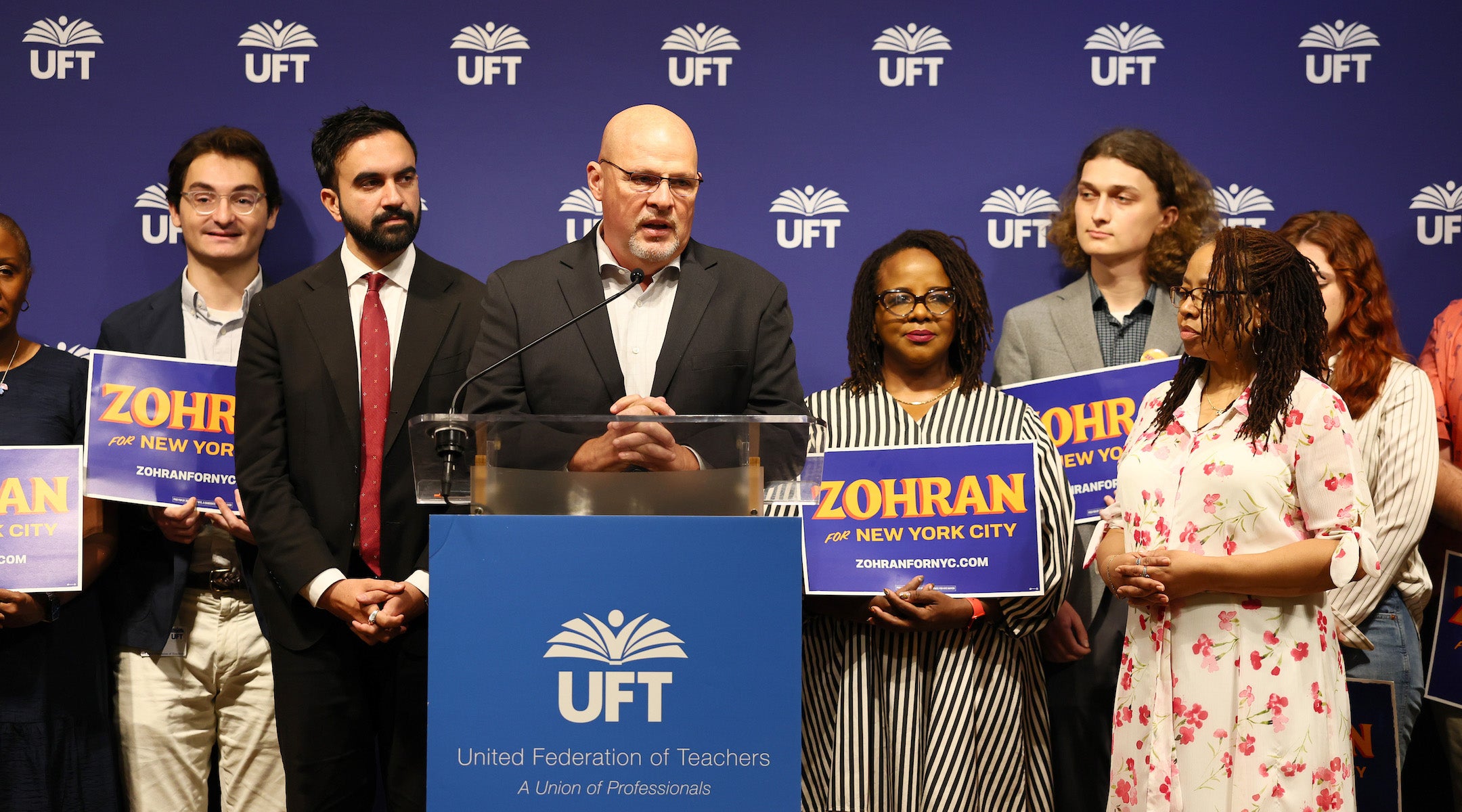 UFT President Michael Mulgrew speaks alongside New York Mayoral Candidate Zohran Mamdani during a press conference announcing UFT’s endorsement of Mamdani at the UFT headquarters on July 9, 2025 in New York City.
