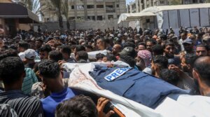 A funeral ceremony is being held in the courtyard of Nasser Hospital for Reuters photojournalist Hossam al-Masri, Al Jazeera cameraman Mohammed Salameh, journalist Maryam Abu Deqqa, who worked with several media outlets including Independent Arabia and AP, and NBC News journalist Moaz Abu Taha, all of whom were killed in an Israeli attack on the hospital in Khan Yunis, Gaza on August 25, 2025.