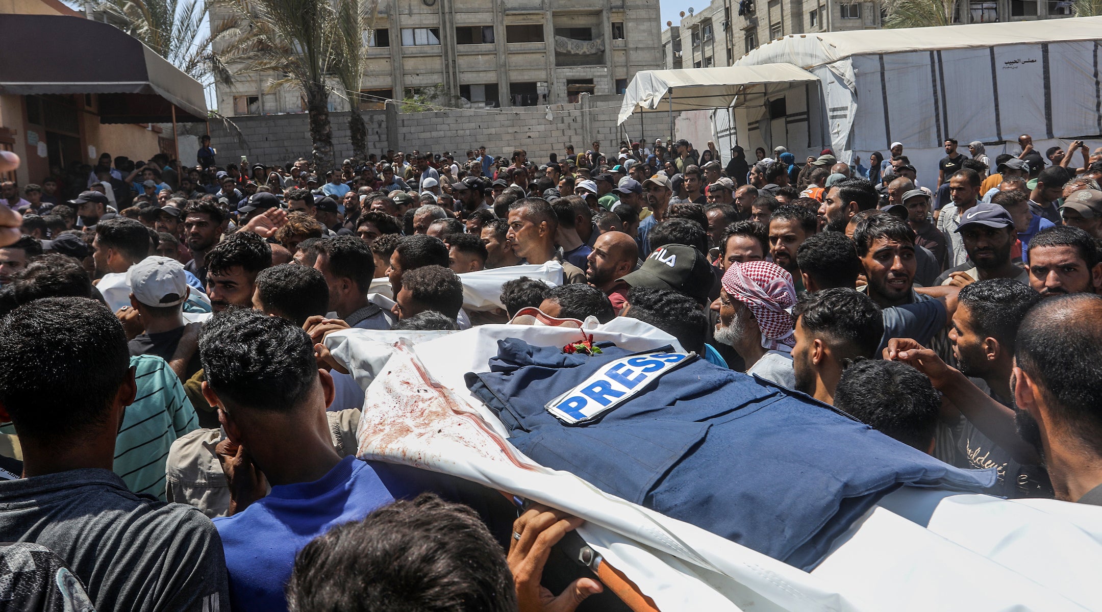 A funeral ceremony is being held in the courtyard of Nasser Hospital for Reuters photojournalist Hossam al-Masri, Al Jazeera cameraman Mohammed Salameh, journalist Maryam Abu Deqqa, who worked with several media outlets including Independent Arabia and AP, and NBC News journalist Moaz Abu Taha, all of whom were killed in an Israeli attack on the hospital in Khan Yunis, Gaza on August 25, 2025.