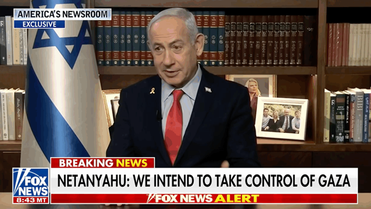 Israeli Prime Minister Benjamin Netanyahu sits for an interview with Fox News’ Bill Hemmer to discuss plans to fully occupy Gaza. 