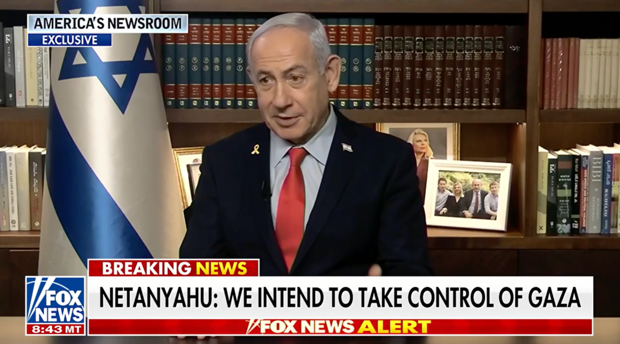 Israeli Prime Minister Benjamin Netanyahu sits for an interview with Fox News’ Bill Hemmer to discuss plans to fully occupy Gaza. 
