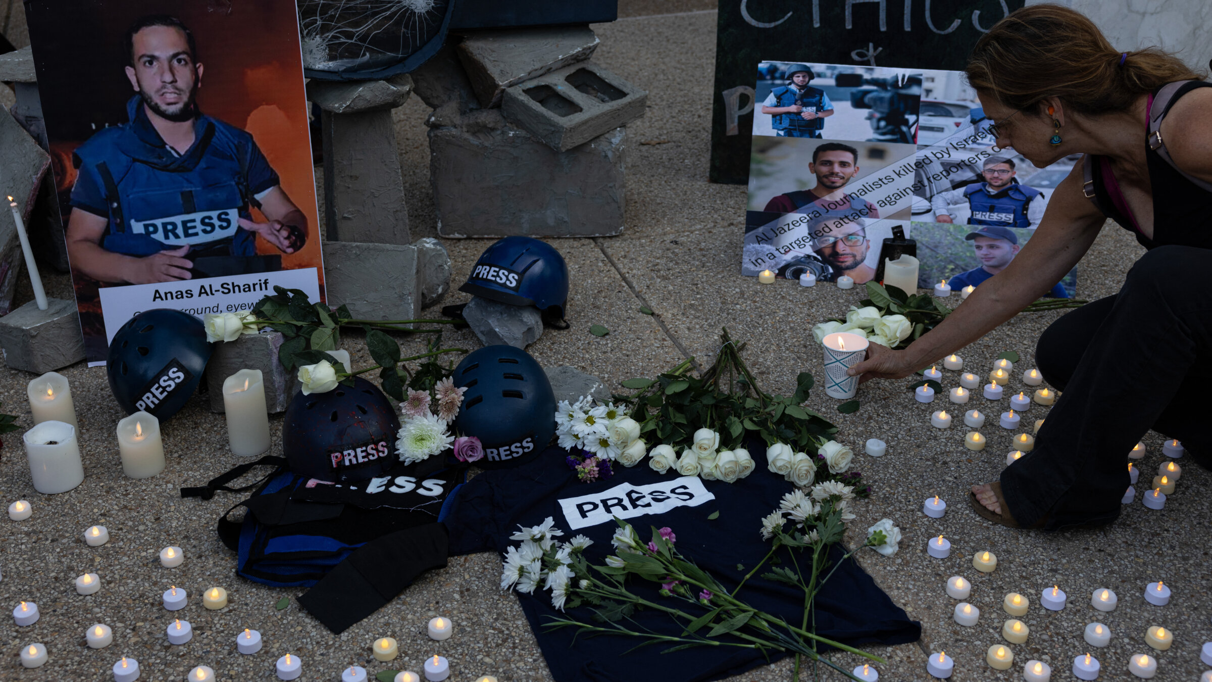 A vigil for Palestinian journalist Anas al-Sharif outside the Fox News and NBC News headquarters in Washington, D.C., on Aug. 11. 