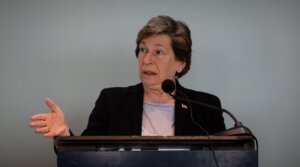 Randi Weingarten, president of the American Federation of Teachers, speaks at a press conference at the Museum of Jewish Heritage in Manhattan, May 23, 2024.