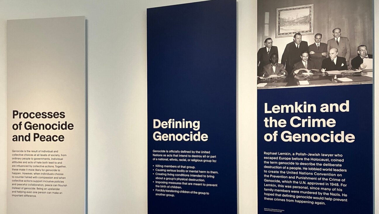 A room in the permanent exhibit of the Zekelman Holocaust Center in Farmington Hills, Michigan, discussing the origins of the term “genocide,” August 18, 2025. The center’s permanent exhibit space was overhauled in 2024. 