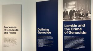 A room in the permanent exhibit of the Zekelman Holocaust Center in Farmington Hills, Michigan, discussing the origins of the term “genocide,” August 18, 2025. The center’s permanent exhibit space was overhauled in 2024. 