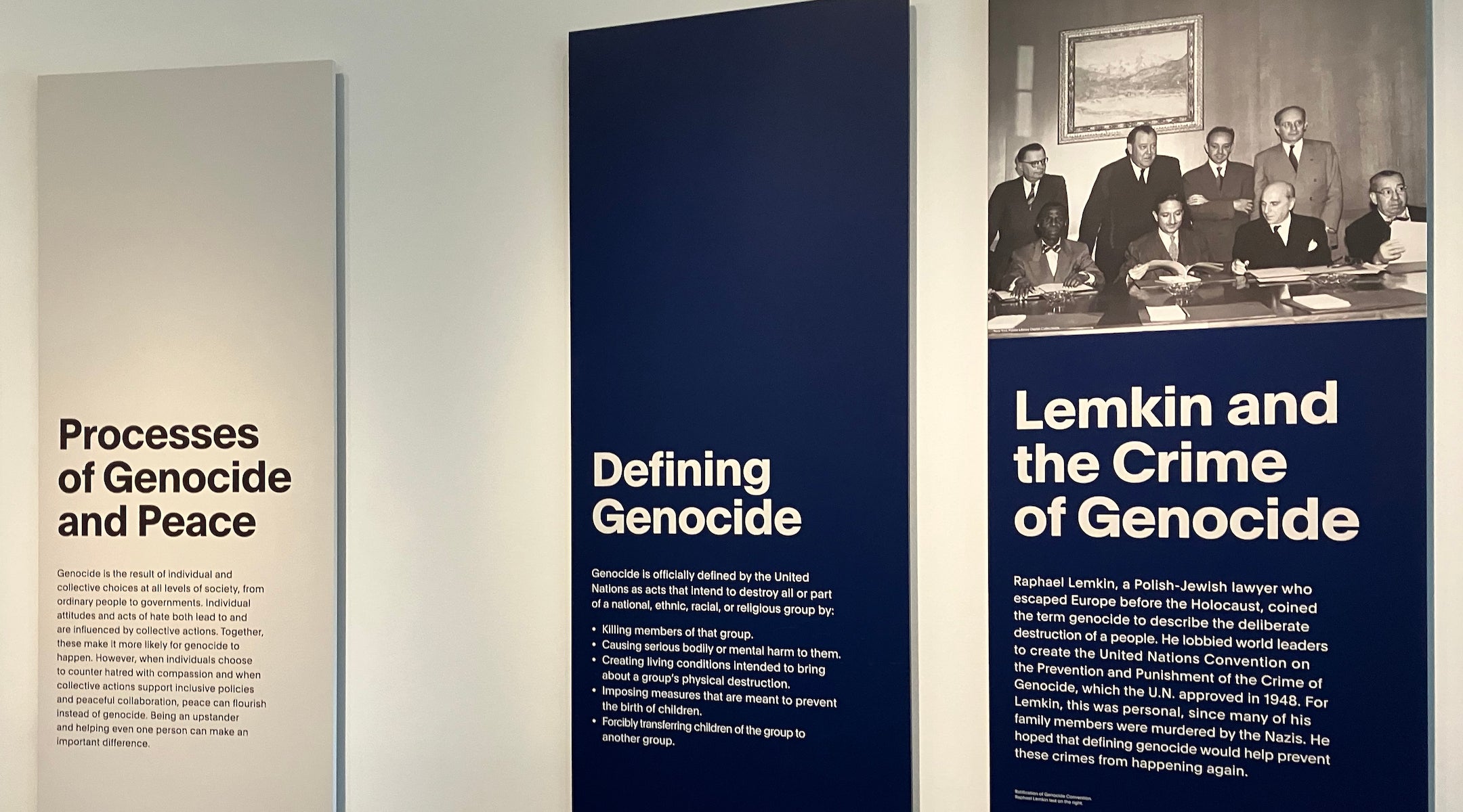 A room in the permanent exhibit of the Zekelman Holocaust Center in Farmington Hills, Michigan, discussing the origins of the term “genocide,” August 18, 2025. The center’s permanent exhibit space was overhauled in 2024.