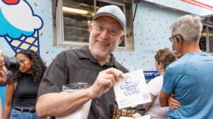 Jerry Greenfield, co-founder of Ben & Jerry’s, partnered with MoveOn to hand out free ice cream at Franklin Square in Philadelphia during their Scoop The Vote tour to get-out-the-vote for Vice President Kamala Harris and Democrats down the ballot. on September 16, 2024 in Philadelphia, Pennsylvania.
