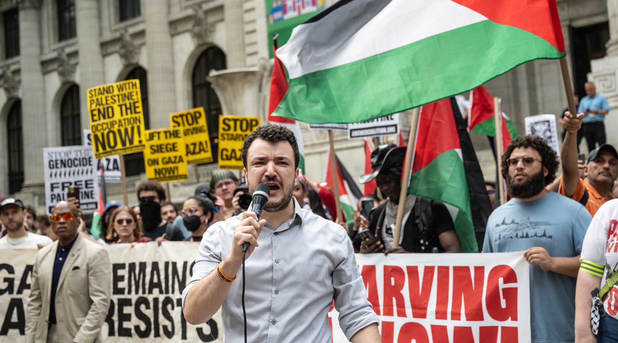 Mahmoud Khalil, former Columbia University graduate student known for his role in the 2024 Columbia University pro-Palestinian protests, speaks at a Pro-Palestinian “March for Humanity” rally against the humanitarian crisis in Gaza on August 16, 2025 in New York City. 